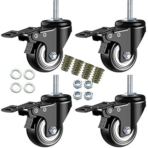 DICASAL 2" Stem Casters, Heavy Duty Swivel Stem Casters PU Foam Quite Mute No Noise Castors Markless Wheels Double Bearings and Locks Loading 300 Lbs Pack of 4 with Brake Black Cover