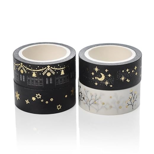 2Pcs Album Scrapbook DIY Sticker Gift Packaging Masking Tape Moon Stars Washi Tape 15mm*5m (House-Gold)
