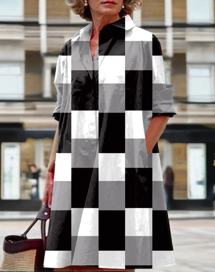 Womens 2025 Long Sleeve Button Down Shirt Summer Dress Casual V Neck Loose Fit Midi Shirt Dresses with Pockets - Image 3