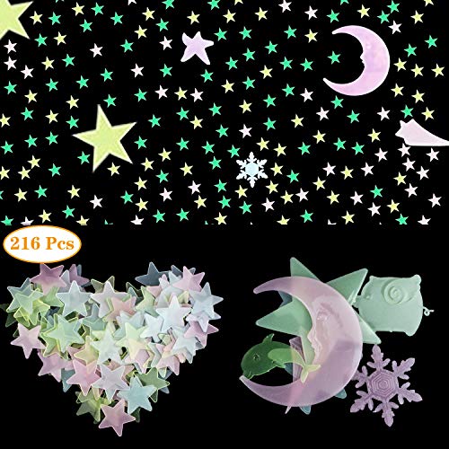 NATEE 216pcs Pegatinas Luminosas Estrellas Fluorescentes, Pegatinas Brilla Oscuridad Brilla 10 Horas Decoración de Dormitorio Pared Fiesta para Niños Estrella Luna Color Mezcla Buen Sueño