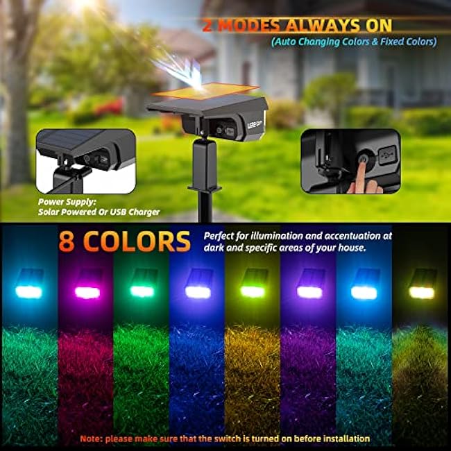 Solar Spotlights Outdoor Color Changing RGB Landscape Path Lights Multicoloured Spotlights 2 Pack
