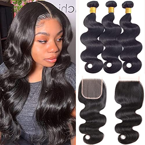 Brazilian Human Hair Bundles with 4x4 Closure Brazilian Virgin Human Hair Body Wave Bundles with Closure Body Wave Human Hair Weave with 4x4 Free Part Lace Closure Natural Color (14 16 18+12)