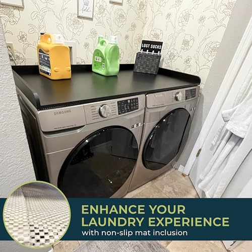 Washer and Dryer Countertop with Non-Slip Mat - 54\" Width x 27.5\" Depth (Black) - Wood Shelf Topper with Edge Rails for Laundry Room Organization, Extra Laundry Folding Counterspace