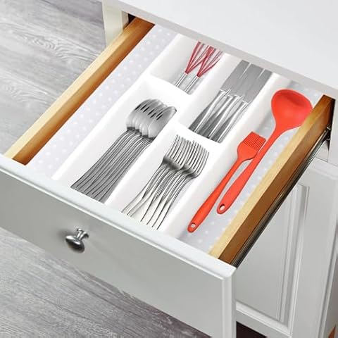 Premium Silicone Silverware Drawer Organizer, Non-slip Utensil Holder for Kitchen Drawer Divider Organizer, Adjustable Flatware and Cutlery Tray for Spoons Forks Knives - White Cover