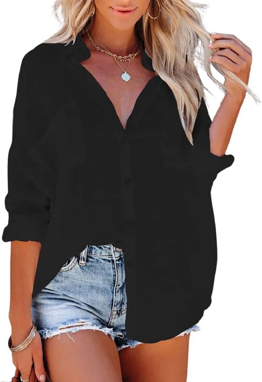Bsubseach Casual Beach Shirt Tunic Dress with Pockets for Women Button Down Half Sleeve Swimsuit Cover Up