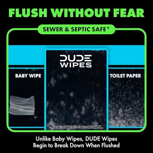 Image of DUDE Wipes Herbal Relief Flushable Wipes - Extra-Large Adult Wet Wipes - 12 Pack (144 Count) - Infused with Soothing Witch Hazel, Geranium Essential Oils, Vitamin E, and Aloe - Septic and Sewer Safe