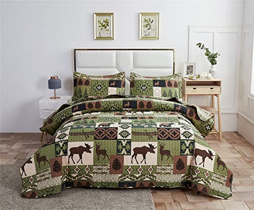 3 Piece Buffalo Plaid Dark Tea Green Moose Bear Reversible Quilt Set Twin,Rustic Home Lodge Cabin Lifestyle Moose Bear Pinetrees Bedspread Coverlet Bedding Set For All Season (Twin,Tea Green) #TOP1