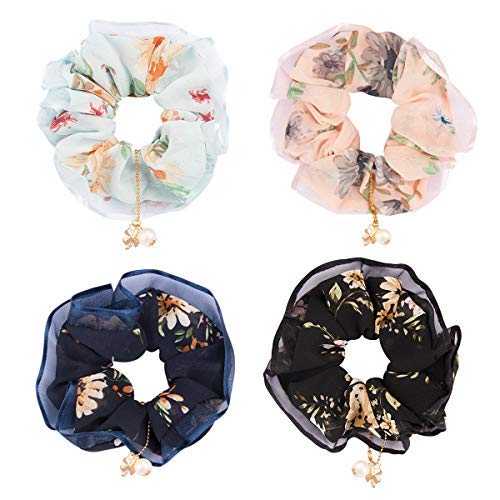 Jaciya 4 Pack Hair Scrunchies Lace Chiffon Flower Scrunchy Elastic Bobbles Ponytail Holder Hair Ties Bands, 4 Colors (4 Pack Lace Scrunchies)
