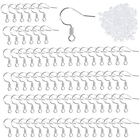 Earring Hooks, 100pcs 925 Sterling Silver Ear Wires Fish Hook Earring French with 120pcs Clear Rubber Earring Backs for DIY Jewellery Making Cover