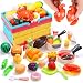 HOLYFUN Play Food Toy Set for Kids Kitchen, Shopping Basket with Cutting Fruit & Vegetables Accessories, Pot and Pan, Plastic Dishes, Toddler Play Kitchen Accessories Educational Toys for Boys Girls