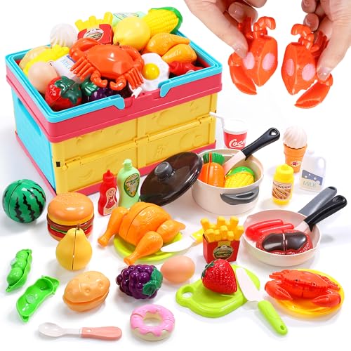 Image of HOLYFUN Play Food Toy Set with Shopping Basket & Cutting Fruits | Includes toy pots, pans, plastic dishes and realistic food pieces for pretend cooking, role play and hands-on learning