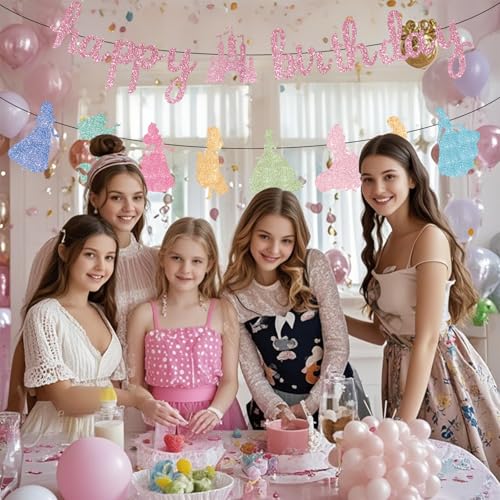 Image of Pink Happy Birthday Princess Banner Decorations Pink Garland Glitter Bunting for Girls Coquette Birthday Party Decorations Favor Supplies