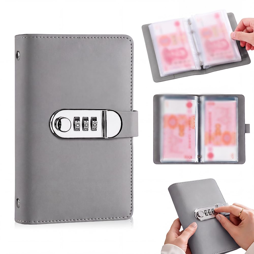 Lockable Savings Notebook, 2027 New Portable Cash Envelope Binder (Grey)