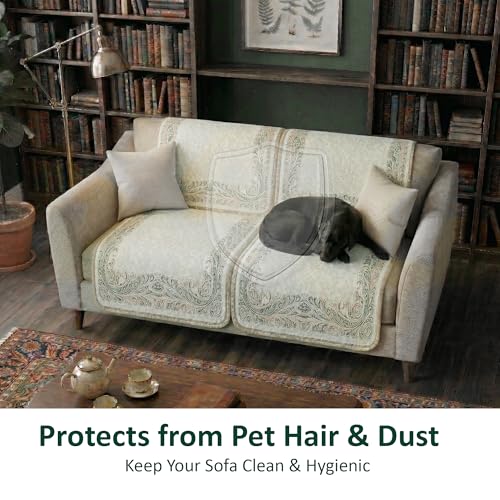 Image of Kuber Industries 2+1 Seater Sofa Cover | Velvet Slipcover for Living Room | Thick & Cozy | Non-Slip Comfort Sofa Cover Set | Digital Painting Juliet 1186 - Beige & Green