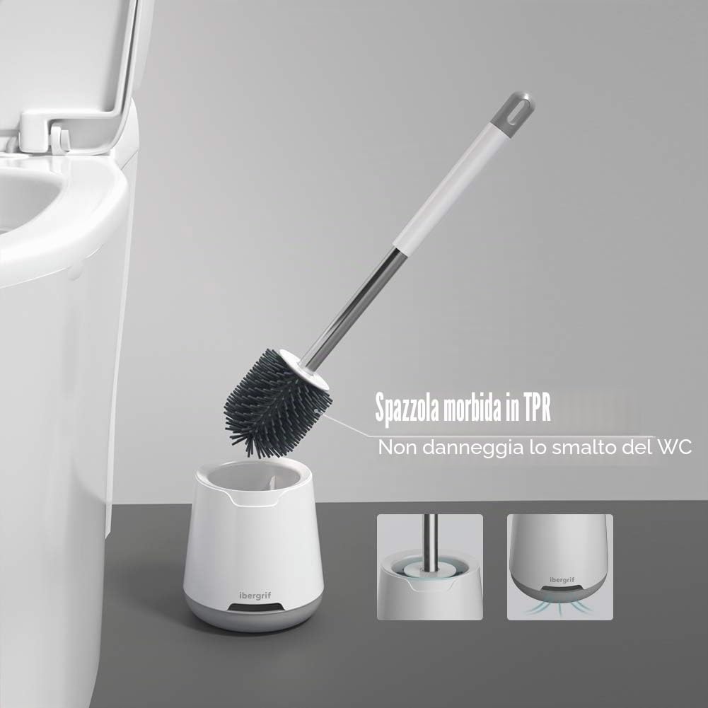 Ibergrif M34152 - Spazzolone wc, Scopino per WC con Set Di Supporti Ad Asciugatura Rapida, Scopino Bagno e Supporto in Silicone Morbido, Bianco