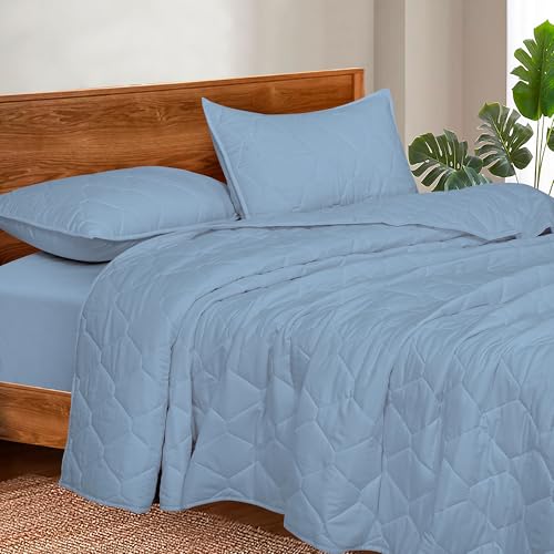 Image of ROYALE LINENS Twin Size 2 pc Quilt Set - Soft Lightweight 100% Microfiber Quilted Set - Solid Bedspread -Quilted Blanket Thin Comforter -Bedding Coverlets for All Seasons (Chambray, 1 Quilt- 1 Sham)