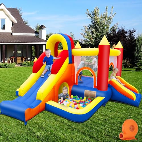Baralir Bouncy Castle Inflatable Bounce House with Two Slides Trampoline Arch Barrier Ball Pit Climbing Wall Inflatable Slide with Blower for Kids Indoor Outdoor