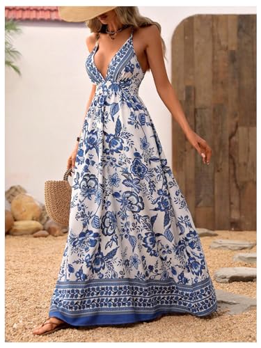 Image of MakeMeChic Women's Boho Maxi Dress Summer Luau Outfits Beach Wedding Guest Backless Sundress Flowy Resort Wear