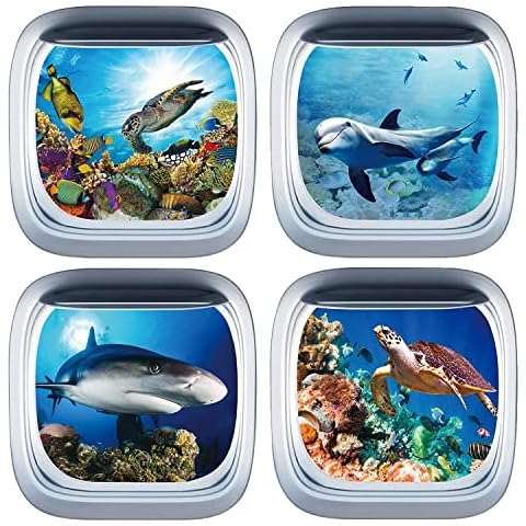 TOARTi 3D Sea Life Ocean Wall Stickers for Kids Bedrooms,Marine Fake Submarine Window Wall Decal for Nursery,Fish Shark Dolphin Turtle 3D Sticker for Bathroom Wall Art Decor,Set of 4 Pieces Cover