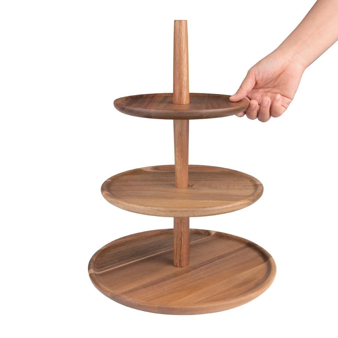 Olympia Soporte de madera de acacia de 3 niveles, 305 x 395 mm, resistente, resistente, duradero, elegante, hotel, restaurante, cafetería, bufé, té, tarta, pastelería, soporte de exhibición