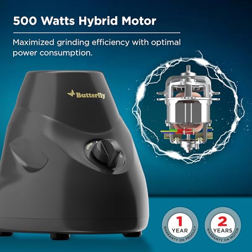 Butterfly Hero 500 Watts Mixer Grinder with 3 Jars | Stainless Steel Multipurpose Jars | ABS Body | Motor Overload Protection | 1 Year Manufacturer's Warranty | Grey view 2
