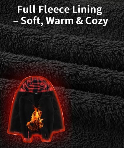 Image of V VALANCH Men's Sherpa Lined Flannel Jacket with Hood - Zip Up Plaid Shirt Jacket Winter Outdoor Warm Outerwear Fleece Coat