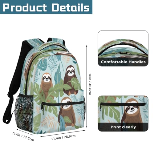 Cute Sloths Palm Leaves Kids Backpack, Lightweight School Bookbag Large Capacity Laptop Backpack Water Resistant Daypack Shoulder Bag for Teenager Boys Girls2