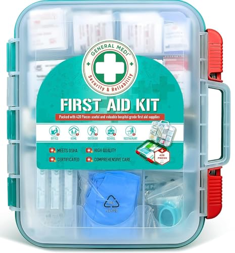 General Medi 420 Pieces Professional First Aid Kit – HardCase First Aid Box – Contains Premium Medical Supplies for Travel, Home, Office, Vehicle, Camping, Workplace & Outdoor