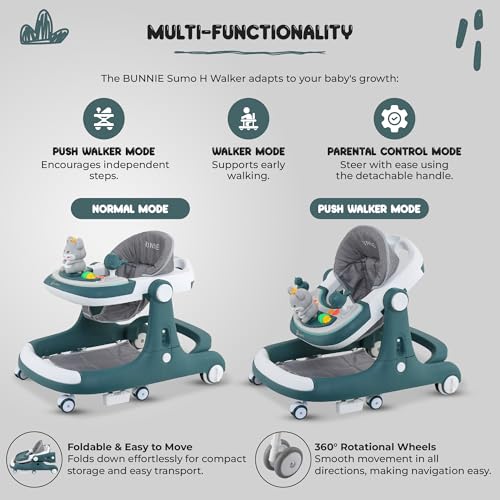 Image of Bunnie Baby Activity Sumo Walker, Adjustable Infant Walking, Removable Toy Tray, Safety Lock Wheels, and Parental Handle, Perfect for Toddlers Learning to Walk Indoors, 6-Wheel Design - Dark Green