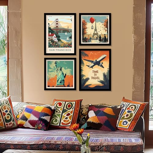 Image of kotart Modern Art City Vibes Wall Decor - Retro Travel Theme Wall Poster with Frame for Room Office Living Room Hotel Home Decor - Photo Frames - Framed Posters / Paintings Set of 8 (Art 2, Small(10x13 or 10x10 inch), Framed)