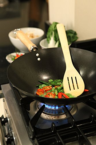 Dexam 12108411 Non Stick Carbon Steel Wok With Wood Handle 27cm/10.5 -inch, Black (Non-stick Coating)