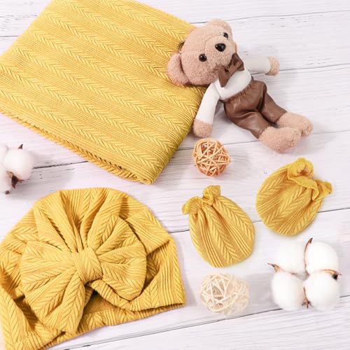 Image of AQOKKA Newborn Receiving Blanket with Bow Hat Headband Wooden Card Set Wheat-Pattern Newborns Toddler Baby Boy Girl Nursery Swaddle Wrap