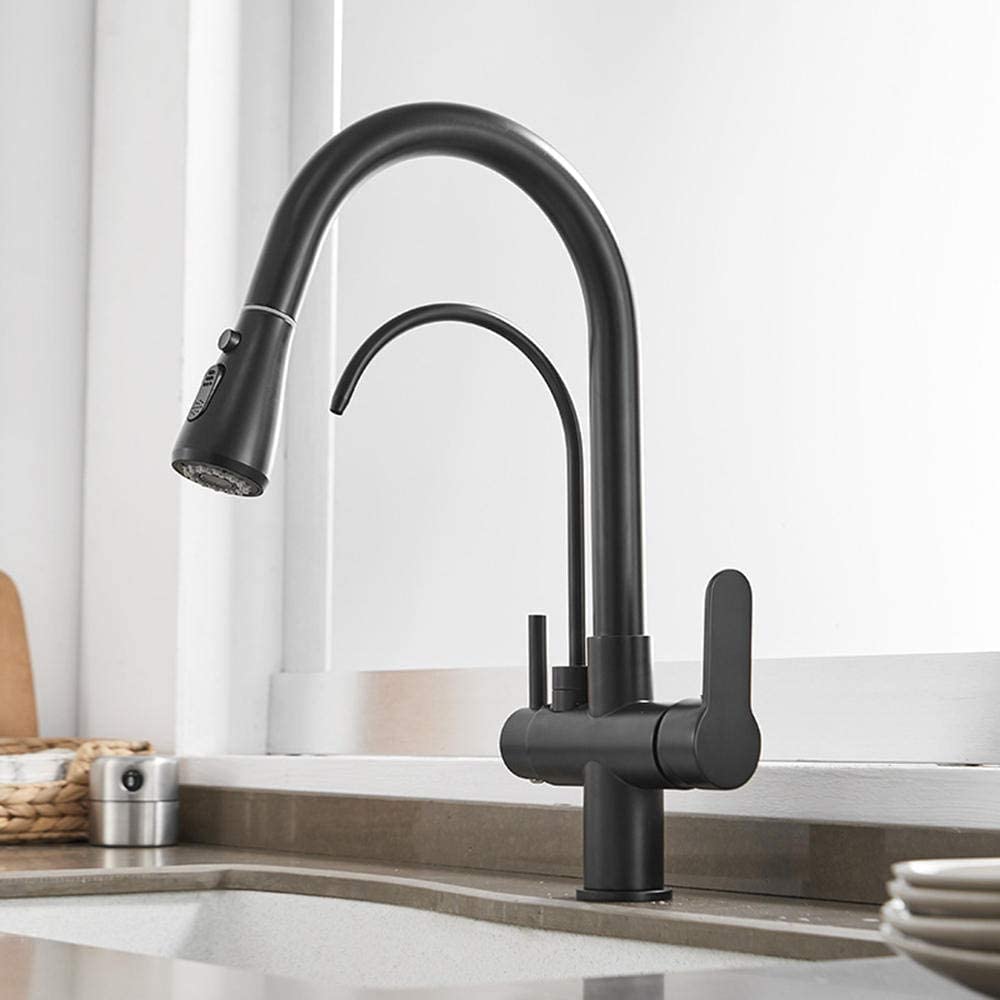 FCXWEVR 3Way Kitchen Faucet Flexible Copper Sink Mixer Tap with PullOut Dual Spray Head Brushed Nickel Finish Modern Schwarz Design for Easy Cleaning and Cooking