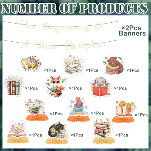 Image of a New Chapter Begins Baby Shower Decorations, 14PCS Storybook Book Themed Banners with Hanging Swirls Party Decorations, A New Chapter Begins Bridal Shower Honeycomb Centerpiece Decor