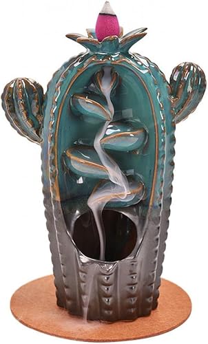 Jueison Quemador de incienso de reflujo similar a un cactus, soporte de incienso de cerámica, adorno de aromaterapia con 20 conos de incienso + 30