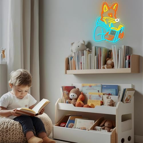 Image of Fox Reading Book Neon Sign Animal Books Neon Wall Decor Colorful Neon Lights for Library Bookshelves Classrooms Bedrooms Wall Art Decoration Classroom LED Light Sign Art Gifts for Book Lovers