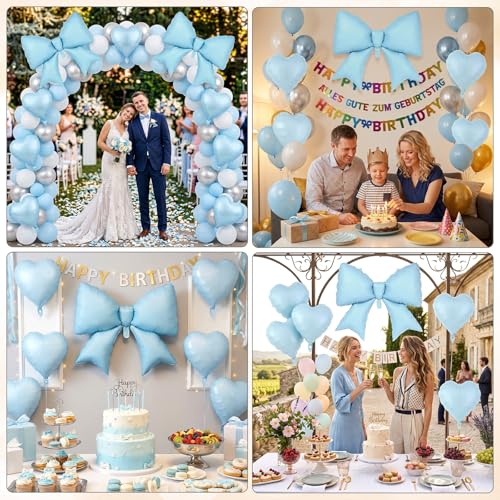 Image of 12 Pcs 18 Inch Heart Balloons and 38 Inch Bow Balloons, Large Foil Bow Heart Balloon Bow Party Decorations for Birthday Baby Shower Valentines Wedding Party