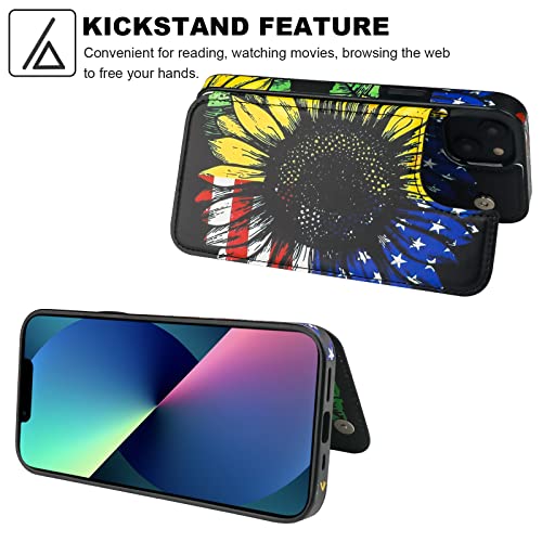 Haopinsh For Iphone 13 Mini Case Wallet With Card Holder, American Flag Sunflowers Pattern Back Flip Folio Pu Leather Kickstand Card Slots Case For Women Girls, Double Magnetic 5.4" #TOP4