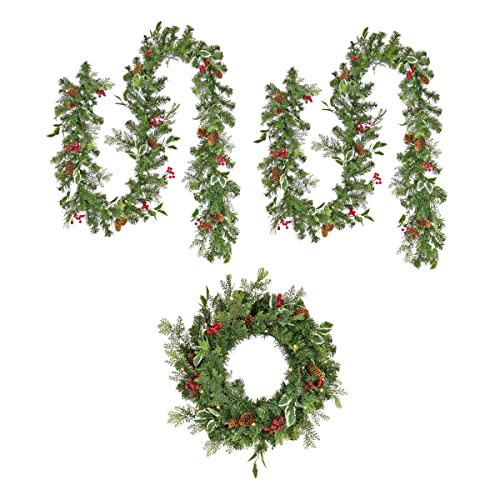 Image of National Tree Company First Traditions Pre-Lit Christmas Wreath and Two Garlands with Berries and Pinecones, Warm White LED Lights, Battery Operated, 9 ft