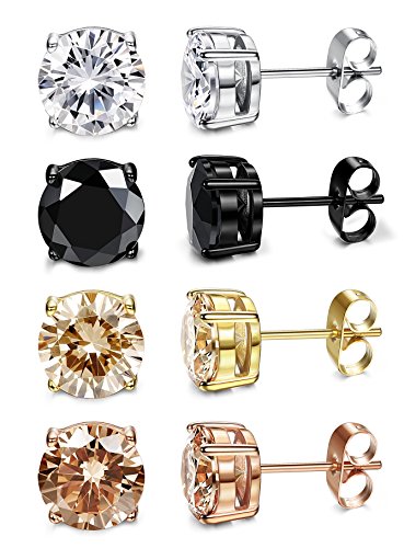 Fibo Steel 4 Pairs Stainless Steel Round Stud Earrings For Men Women Ear Piercing Earrings Cubic Zirconia Inlaid,8 Mm #TOP2