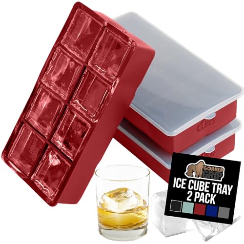 GORILLA GRIP Slow Melting Large Silicone Ice Cube Tray for Freezer, 2 Pack, Easy to Push 8 Giant Square Cubes, Use for Cocktails, Iced Coffee, Water Bottle, Frozen Puree, Kitchen Bar Essentials, Red
