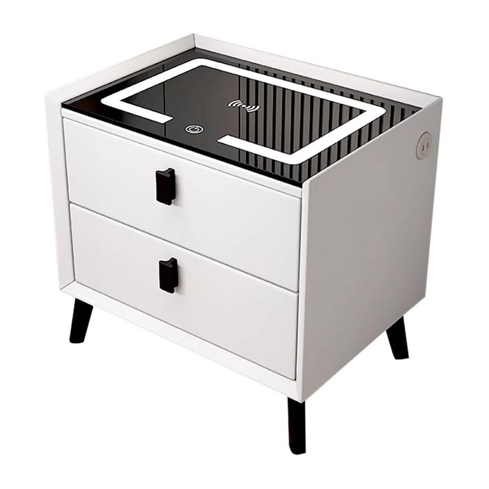 ASerZenith Tempered Glass Top Nightstand With Charging Station,Bedside Tables With Led Lights,W/2 Drawers For Bedroom,White-50X40Cm