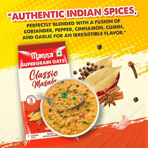 Image of Manna Masala Oats, Classic Masala, Rich in Protein and Fibre, No palm oil, color or preservatives. 450g (pack of 1)