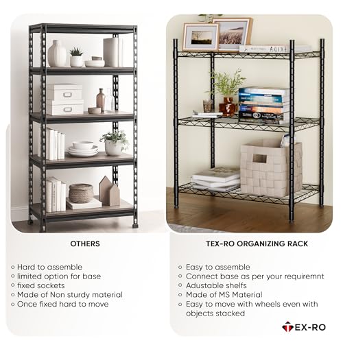 Image of TEX-RO Metal Rack for Kitchen Storage - Adjustable Iron Shelf with Wheels | Heavy Duty Steel Stand for Storage Multipurpose | 4 Tier Organiser Rack for Office, Bedroom (24X14X48 Inch)