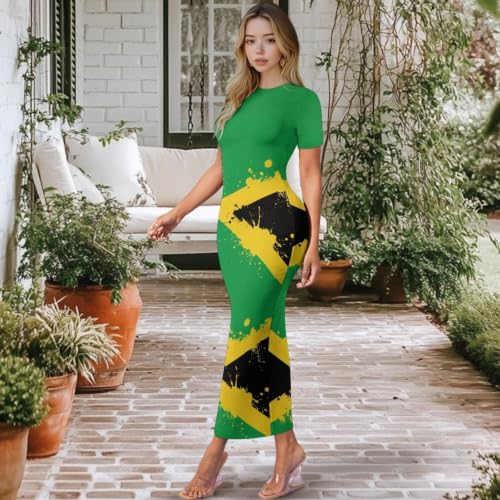 Image of Womens Short Sleeve Jamaican Flag Midi Bodycon Dress