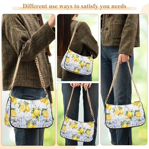 Image of Shoulder Bags for Women Vintage Yellow Lemon Fruit and Blue Print Hobo Tote Handbag Small Clutch Purse with Zipper Closure