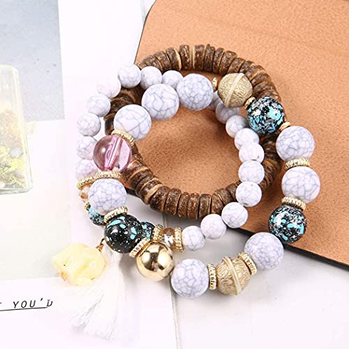 Nictemaw Bohemian Wood Beaded Bracelets Set For Women Elephant Charm Bracelet, White Boho Multilayer Tassel Strand-White #TOP5