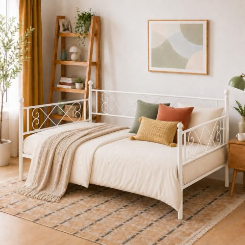 Image of Garvee Daybed with Pull Out Trundle, Metal Sofa Bed Frame with Heart Headboard, Steel Slat Support, No Box Spring Needed, Guest Bed for Bedroom, Living Room,