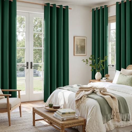 Image of HOMEIDEAS 100% Blackout Dark Green Linen Curtains 52W x 63L 2 Panels