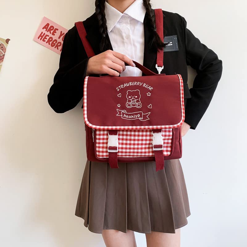 YUESUO Japanese Kawaii Plaid Bear Strawberry Backpack 3 Way Multi Bag for Girl Women JK Lolita Student Cosplay Satchel Book Bag (Red,Medium)2